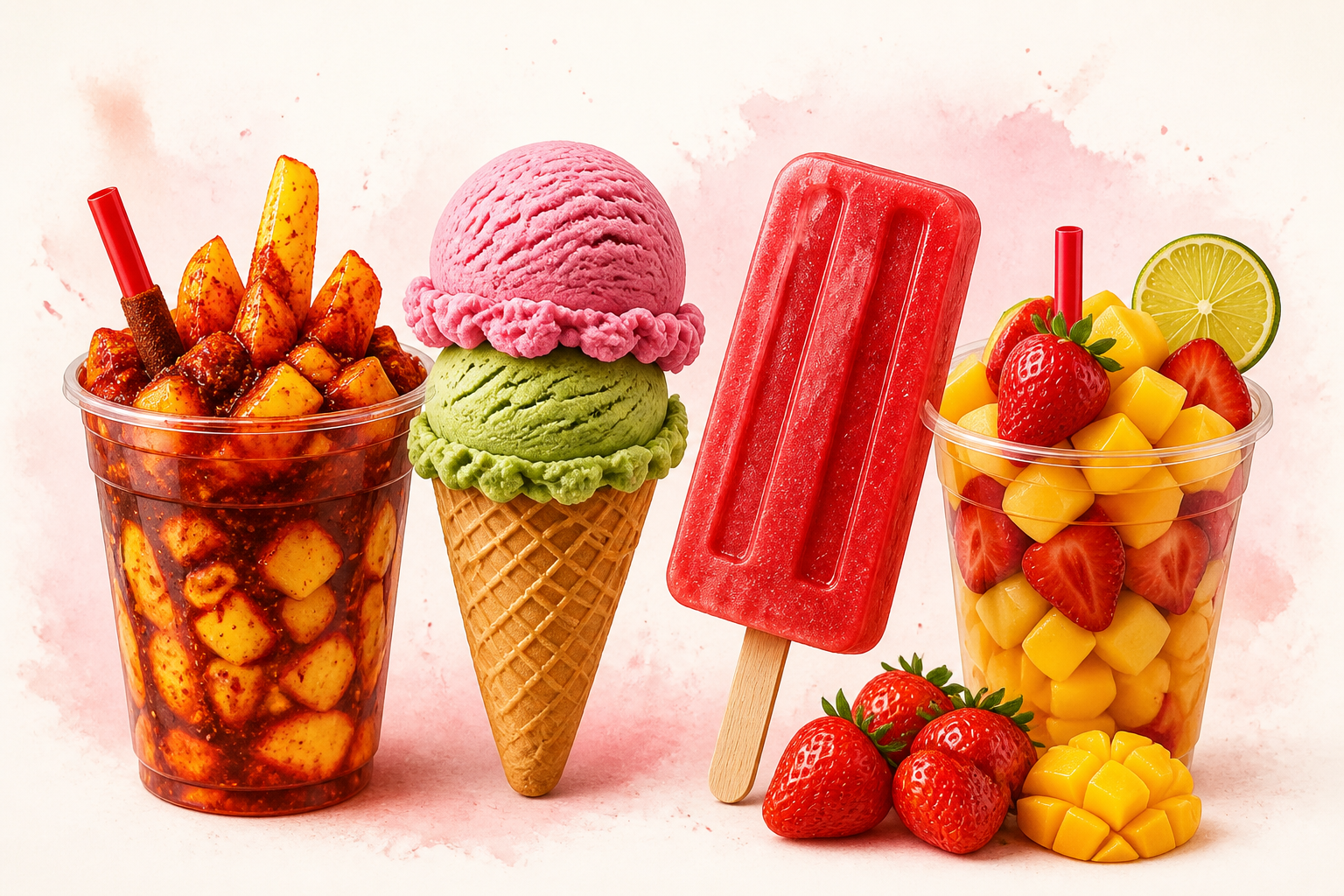 Mangonada, strawberry and pistachio ice cream, strawberry paleta, and fresh fruit cup